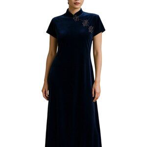 Vintage Women's Dress Velvet Blue Maxi Cheongsam Asian Oriental USA Made 13/14